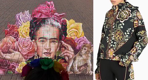 (Left) Mural depicting Mexican painter Frida Kahlo and (Right) Puma Frida Kahlo Women's Training Jacket. (Photo | AP/ in.puma.com)