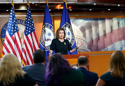 US House Speaker Nancy Pelosi of California speaks at her weekly press conference, on Capitol Hill in Washington. (Photo | AP)