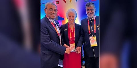 IOA acting president, Anil Khanna, and treasurer, Anandeshwar Panday, met with the CGF president, Dame Louise Martin, during the CGF Annual General Meeting.