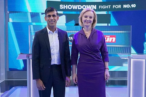Liz Truss and Rishi Sunak during The Sun's Showdown: The Fight for No10, at TalkTV's Ealing Studios, west London, on July 26, 2022. (Photo | AP)