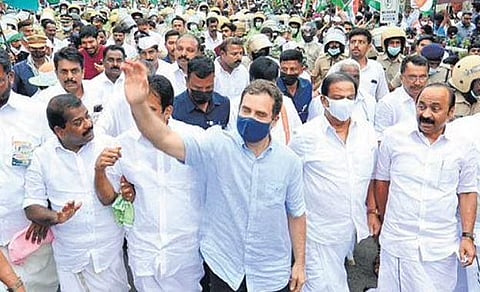Senior Congress leader Rahul Gandhi leads a UDF rally against ESZ demarcation at Sultan Bathery in Wayanad during the first week of July, 2022. | Express