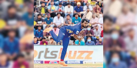 SURYA.B of Lyca Kovai Kings bowls during match 20 of Lyca Kovai Kings and Idream Tiruppur Tamizhans.