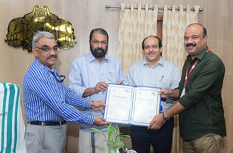 K.Anvar Sadath, CEO, KITE and C.V.Vinod, CGM, Kerala Circle, BSNL seen with General Education Minister V Sivan Kutty and principal secrerary (general education) A.P.M.Mohammad Hanish.