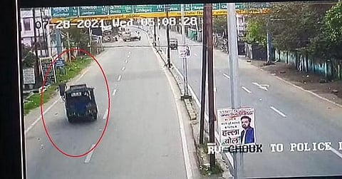 The CCTV footage from Wednesday morning when ADJ Uttam Anand was hit from behind by a stolen autorickshaw. (Screengrab)