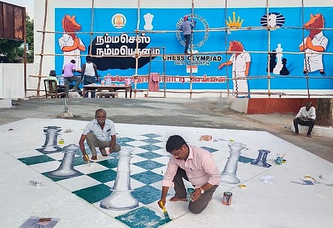 The 3D chess board image is painted on the floor of ammonite museum at Perambalur old taluk office. (Photo| EPS)