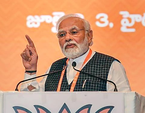 Prime Minister Narendra Modi addresses the concluding session of the BJP's National Executive meeting, in Hyderabad. (Photo | PTI)