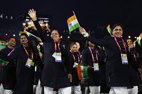 The athletes of India enter the stadium during the Commonwealth Games opening ceremony at the Alexander stadium in Birmingham. (Photo | AP)