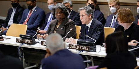 Secretary of State Antony Blinken sits with Linda Thomas-Greenfield, United States ambassador to the United Nations, as they meet with African ministers at United Nations headquarters. (Photo | AP)