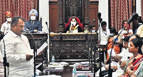 Greater Chennai Corporation Mayor R Priya and Commissioner Gagandeep Singh Bedi at the council meeting held at the Ripon Building in Chennai on Saturday | P Jawahar