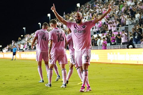 Inter Miami forward Gonzalo Higuaín, right, celebrates after scoring a goal during the first half of an MLS soccer match against FC Cincinnati. (Photo | AP)