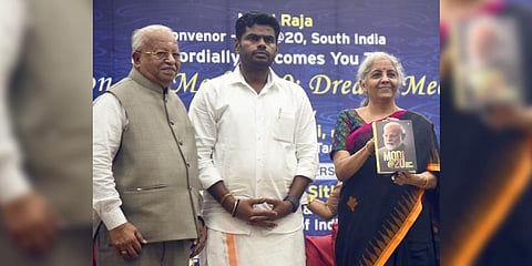 Union Finance Minister Nirmala Sitharaman (Right) at the book launch for ‘Modi@20: Dreams Meet Delivery’.