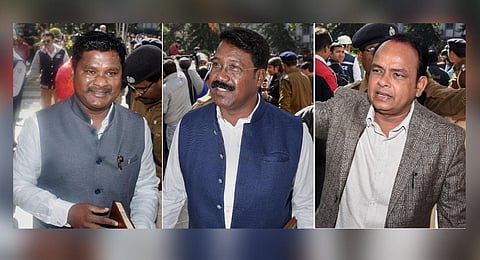 L-R: Jharkhand Congress MLAs Rajesh Kacchap, Naman Viksal, and Irfan Ansari. (Photos | PTI)