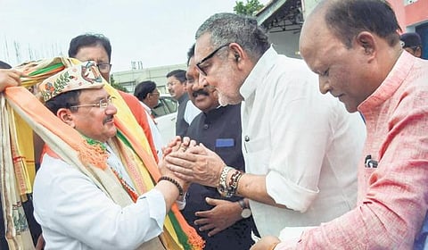 JP Nadda with Giriraj Singh in Patna on Saturday | PTI