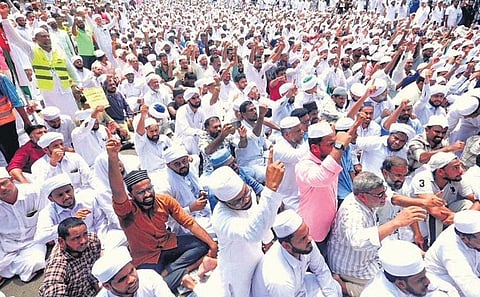 Kerala Muslim Jamaath members take part in the protest march to the Malappuram collectorate on Saturday demanding the removal of Sriram Venkitaraman  as the Alappuzha district collector | Express