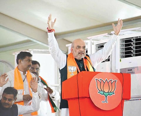 Union Home Minister Amit Shah addresses the Vijay Sankalpa Sabha  at Parade Grounds on Sunday