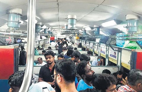 The packed DEMU train between Yesvantpur and Hosur. (Photo| EPS)