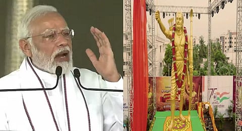 Prime Minister Narendra Modi unveils a statue of legendary freedom fighter Alluri Sitarama Raju in Bhimavaram. (Youtube Screegrab)