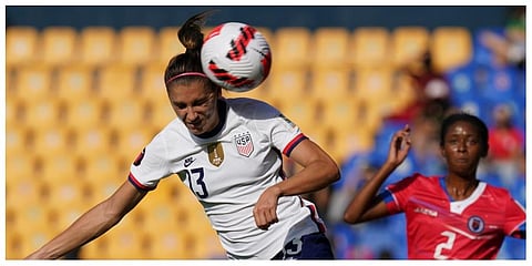 United States' Alex Morgan goes for a header during a CONCACAF Women'Championship soccer match against Haiti in Monterrey, Mexico on Monday. (Photo | AP)
