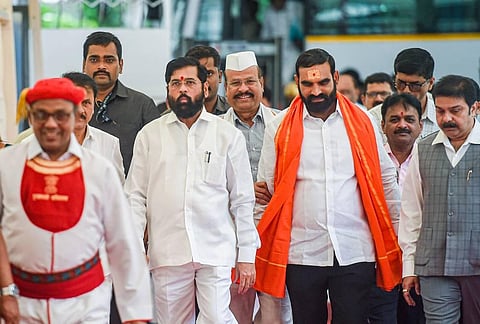 Maharashtra CM Eknath Shinde with rebel Shiv Sena MLAs during the Special session of Maharashtra Assembly, at Vidhan Bhavan in Mumbai. (Photo | PTI)