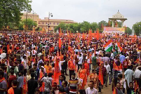 People during a 'Hanuman Chalisa' recital organised by various Hindu organisations to protest against the murder of tailor Kanhaiya Lal in Udaipur. (Photo | PTI)