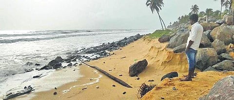 Malnad and coastal districts have been experiencing rain over the last few days. (Above) Sea erosion in Kapu, Udupi district;