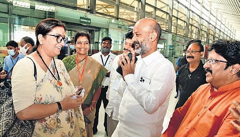 BJP State president Bandi Sanjay seeing off Women and Child Development  Minister Smriti Irani at the Shamshabad airport on Monday | Jwala