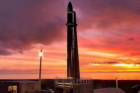 Rocket Lab's Electron rocket waits on the launch pad on the Mahia peninsula in New Zealand. (Photo | AP)