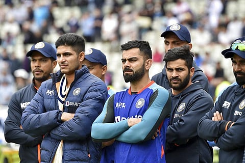 Indian players attend the presentation ceremony after their loss on the fifth day of the fifth cricket test match against England at Edgbaston. (Photo | AP)