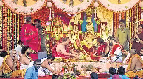Priests perform rituals at Balkampet Yellama temple on Tuesday | vinay Madapu