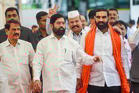 Maharashtra CM Eknath Shinde with rebel Shiv Sena MLAs. (Photo | PTI)