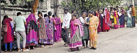 People line up outside the Jai Maha Bharath Party office to enrol as party members in Hyderabad on Tuesday | Vinay Madapu