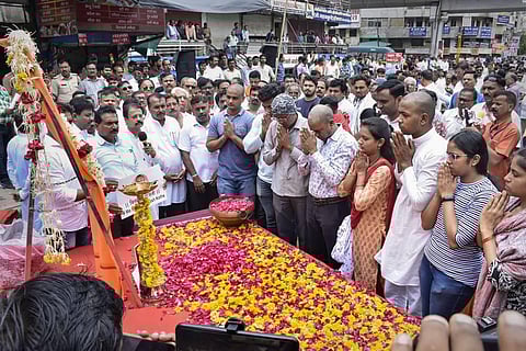 BJP workers attend 'Shok Sabha', a condolence meeting for chemist Umesh Kolhe, who was killed on June 21, in Amravati, Monday, July 4, 2022. (Photo | PTI)