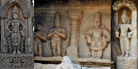 (L-R) Vitthala, Vitthala Temple, Hampi; King and Queen with Vitthala, Vitthala Temple, Hampi; Brahmeshwara Temple, Kikkeri.