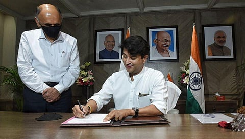 Civil Aviation Minister Jyotriraditya Scindia takes additional charge of Steel Ministry at Udyog Bhawan in New Delhi on Thursday. (Photo | Shekhar Yadav)