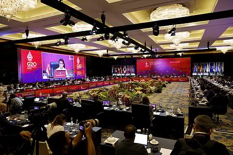 Indonesia's Foreign Minister Retno Marsudi is seen on the screen during the G20 Foreign Ministers' Meeting in Nusa Dua, Bali, Indonesia. (Photo | AP)