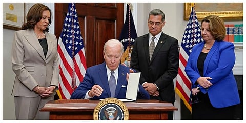 President Joe Biden signs an executive order on abortion access during an event in the Roosevelt Room of the White House. (Photo | AP)
