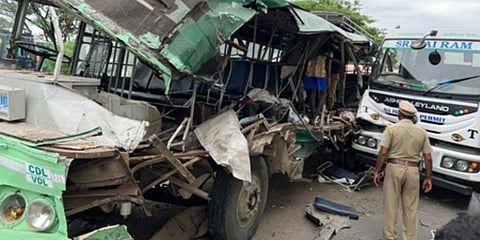 Remains of the bus that met with the accident in Chengalpattu. (Photo| EPS)