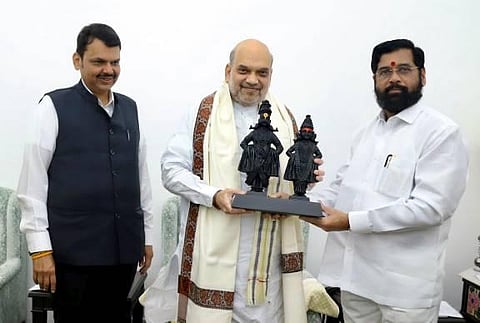 Union Home Minister Amit Shah with Maharashtra Chief Minister Devendra Fadnavis and Deputy Chief Minister Eknath Shinde during a meeting in New Delhi. 