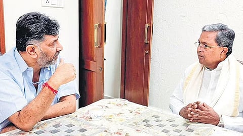 Congress Legislature Party leader Siddaramaiah meets KPCC president DK Shivakumar at the latter’s residence in Bengaluru on Friday to discuss the former’s 75th birthday celebrations | EXPRESS