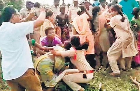 Tussle between tribals and forest officials at Koipochigudem in Dhandapelli mandal of Mancherial district on Friday 