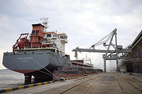 A Turkish Polarnet cargo ship is loading Ukrainian grain in a port in Odesa region, Ukraine. (Photo | AP)