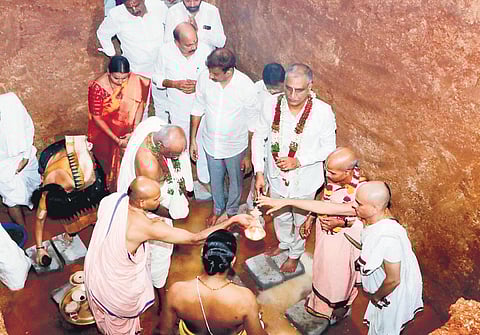 Finance Minister T Harish Rao takes part in the bhoomi puja for the cultural centre at Sangareddy on Sunday. (Photo | EPS)
