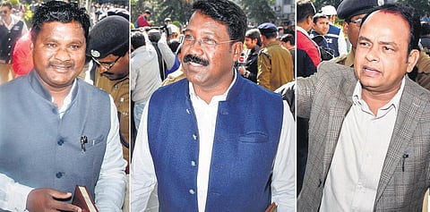 Congress MLAs (L-R) Rajesh Kacchap, Naman Biksal and Irfan Ansari, who were arrested with cash by West Bengal police | Pti