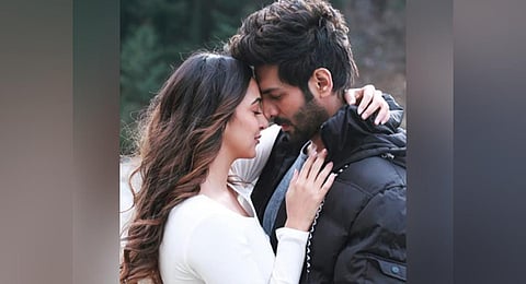 A still from  Kartik Aaryan and Kiara Advani's upcoming movie 'Satyanarayan Ki Katha'.