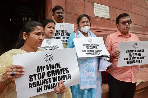 TMC MPs stage a protest at Parliament House complex during ongoing Monsoon Session, in New Delhi, Monday, Aug 1, 2022.  (Photo | PTI)