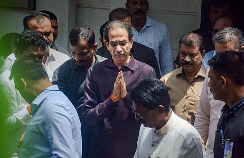 Shiv Sena chief Uddhav Thackeray arrives at the residence of party MP Sanjay Raut to meet his family members, in Mumbai, on August 1, 2022. (Photo | PTI)