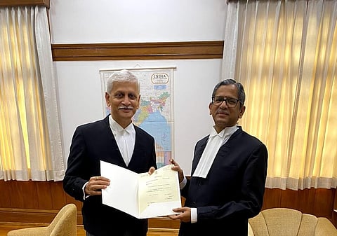 (L-R) NV Ramana recommended Justice UU Lalit's name as his successor. (File Photo | ANI Twitter)