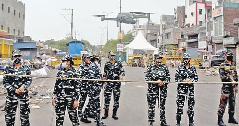 A drone is pressed into service to assist police in surveillance at violence-affected area in Jahangirpuri. (Photo | Parveen Negi/EPS)