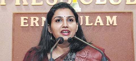 Renu Raj speaking at Ernakulam Press Club on Wednesday | T P Sooraj
