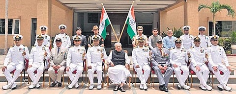 Governor with gallantry awardees of ENC Eastern Naval Command at Raj Bahvan in Vijayawada on Thursday | Express